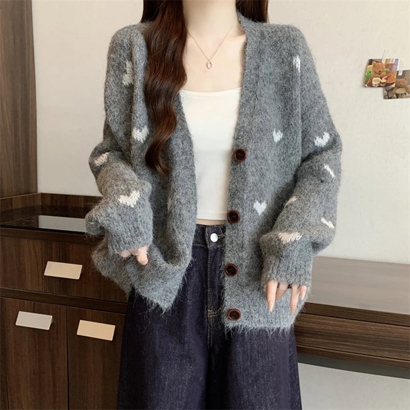 Nowy kardigan damski z dzianiny żakardowej w stylu słodkiego serca, luźny sweter z dekoltem w serek, długim rękawem, miękki, wiosenny, stylowy, casualowy płaszcz, topy