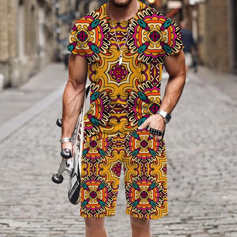 

Футболка и шорты мужские с 3D-принтом, Классическая коллекция в стиле ретро, спортивный костюм с круглым вырезом и короткими рукавами, одежда для мужчин, 2022