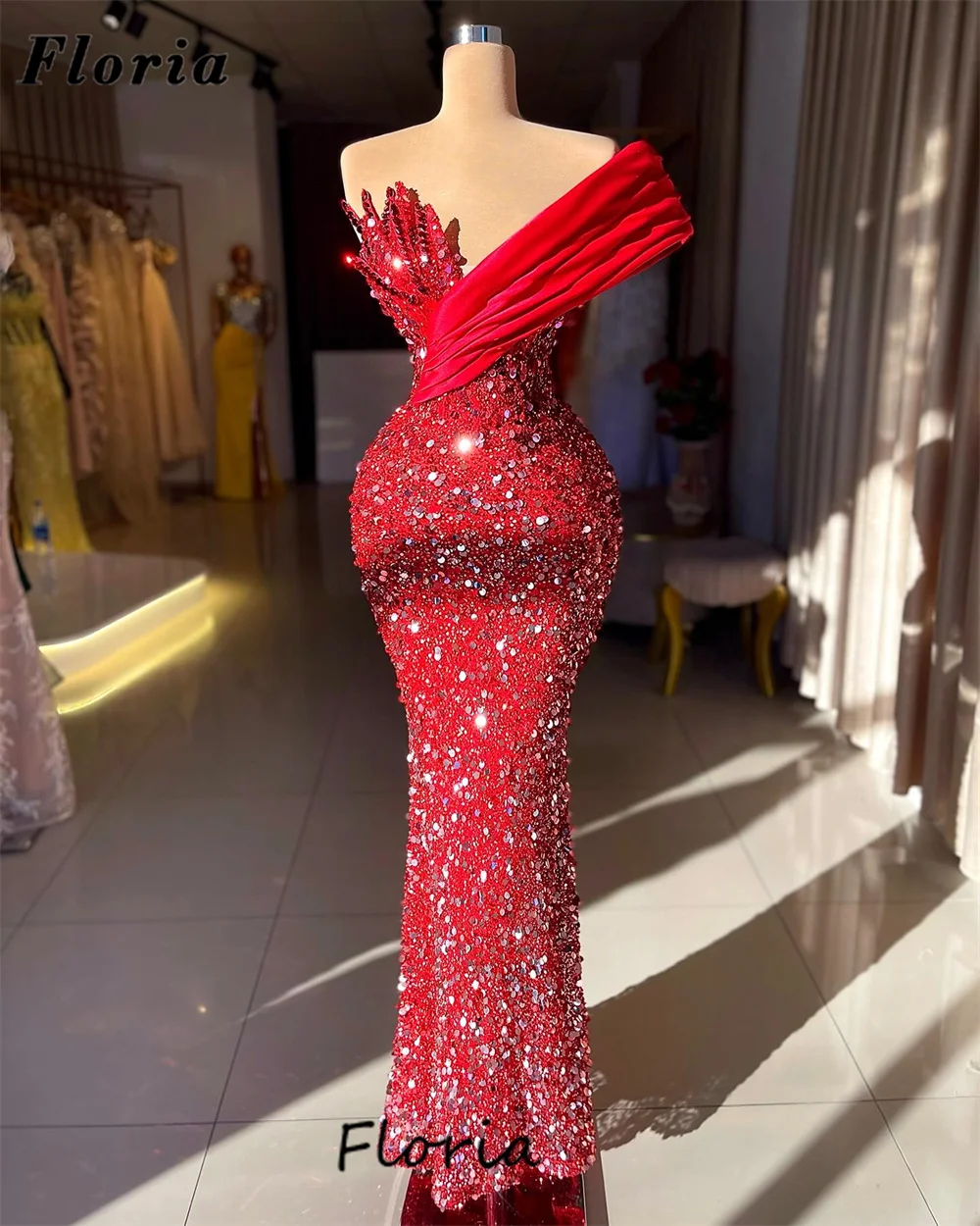 African Red Sequins Evening Dresses Elegant Dubai Coutures One Shoulder Party Dress With Weddings Beading Prom Gowns 2024 Robes