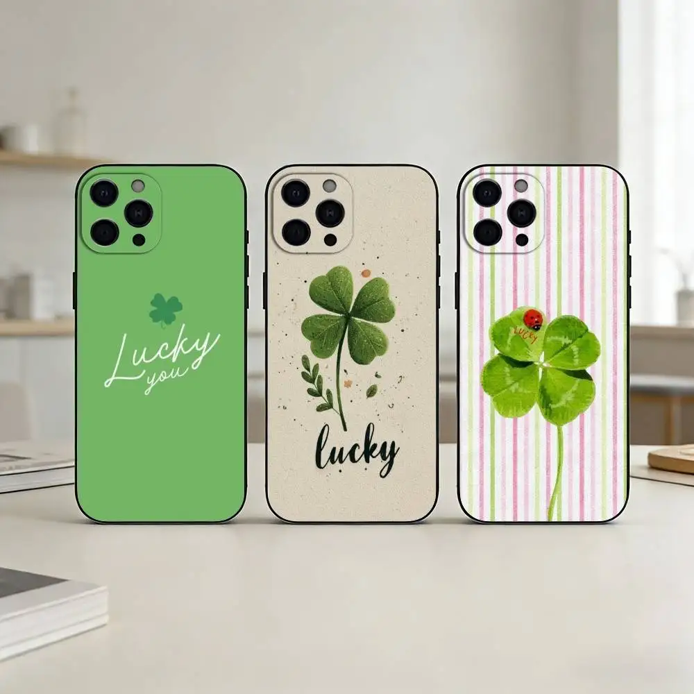 

Four L-leaf clover Phone Case For iPhone 17,16,15,14,13,12,11 Plus,Pro Max,SE4Soft Silicone Black Cover