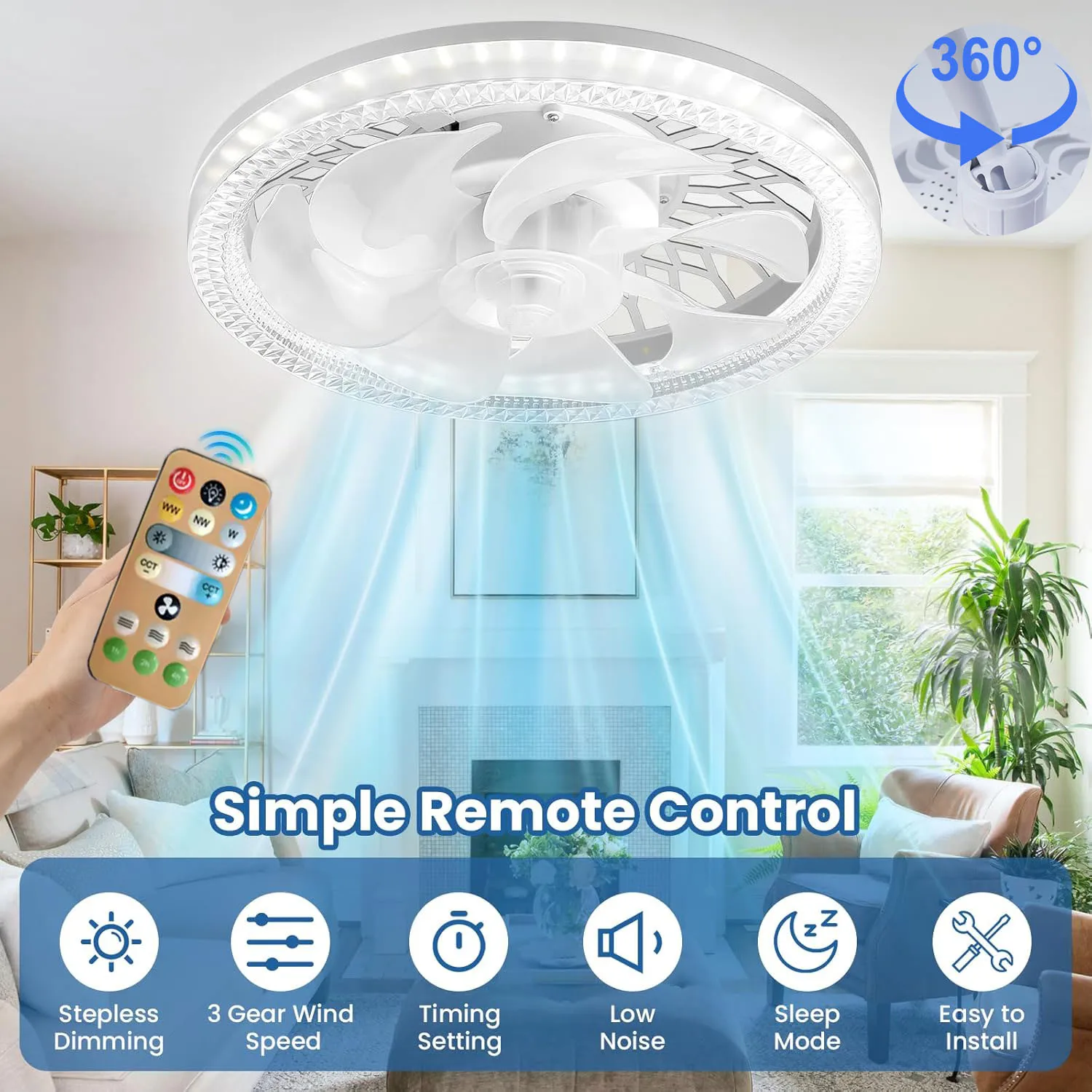 

Modern Ceiling Fan With LED Light And Remote Control E27 Fan Lamp 4 Speed 360° Circulating Air For Kitchen Room Home Lighting