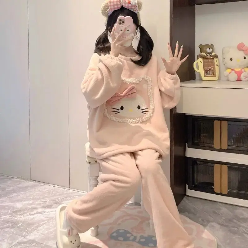 مرحبا كيتي لطيف المرجان المخملية منامة الجلباب الشتاء المخملية سميكة الفانيلا منتصف طول مقنعين ثوب النوم مجموعة ملابس المنزل