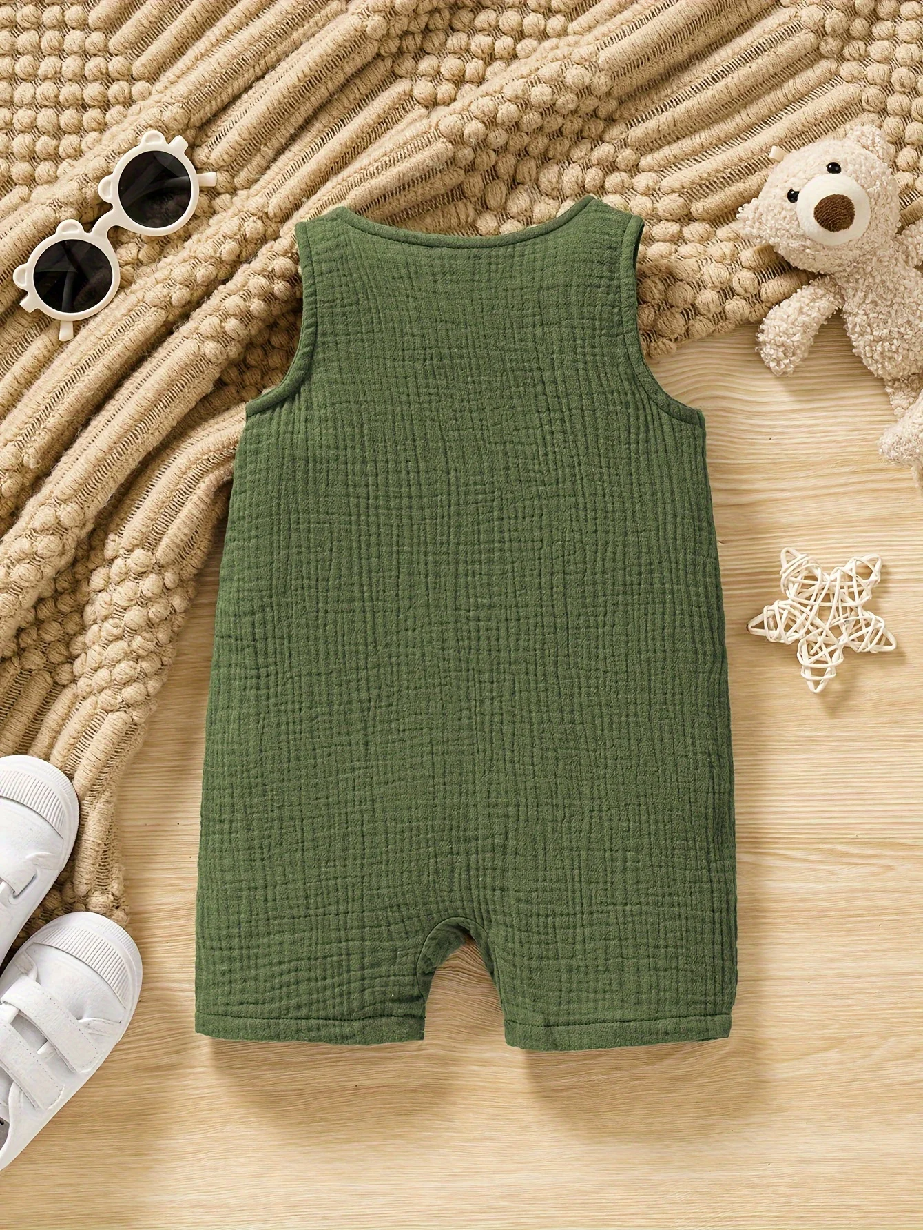 Baby\'s Comfy Cotton Button Front Bodysuit, Casual Solid Color Sleeveless Romper, Toddler & Infant Boy\'s Clothing