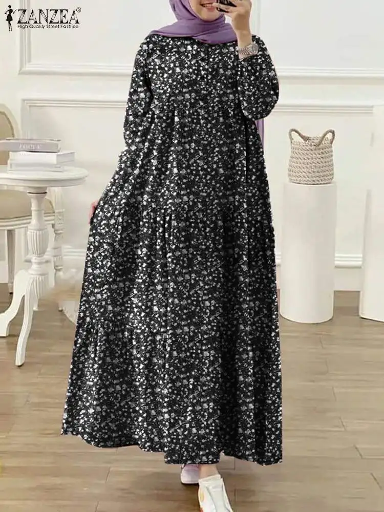 ZANZEA Floral Print Muslim Long Dresses Women Islamic Hijab Casual Long Sleeve O Neck Tiered Abaya Robes Elegant Loose Vestidos