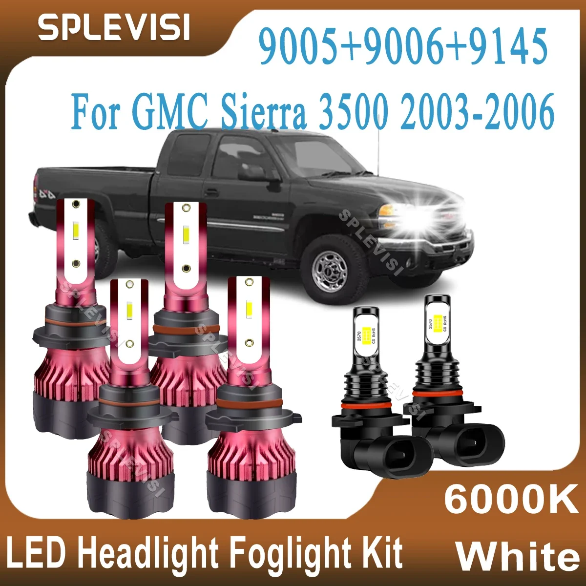 

LED Headlight Foglamp Kit 48000LM 480w 9005 High 9006 Low Beam 9145 Foglamp Pure White For GMC Sierra 3500 2003 2004 2005 2006