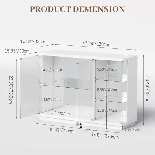 Glass Display Cabinet with Lock & LED Light, High Gloss Sideboard with Motion Sensor & Glass Shelves, Curio Cabinet for view 2