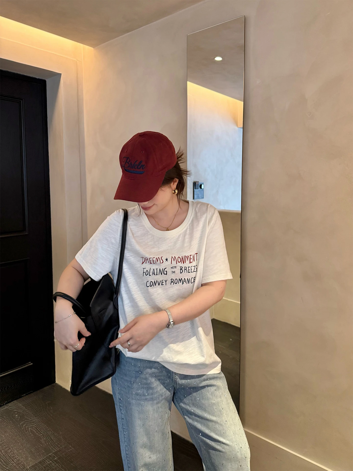 

Retro Cotton T-Shirt Women's Loose Fit Short Sleeve Letter Print Casual Top plus Size Summer Fashion Big Wrap Sauce