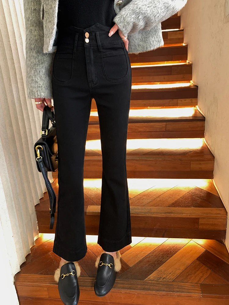 

High Waist Nine-Tenths Skinny Jeans Women's Bla Slimming Bootcut Pants Small Size Heightening Hoof Pants