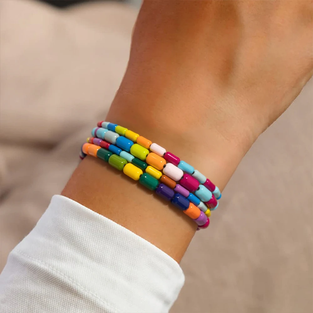 BEUTIFOR Tube beads Enamel Bracelets For Women Colorful Bohemian Beaded Elastic Bangle Accessory