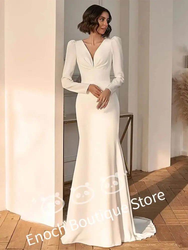 Sexy V-ausschnitt Hochzeit Kleid Langarm Mantel Taste Einfache Backless Braut Kleid Zug Falten Vestido De Novia Angepasst