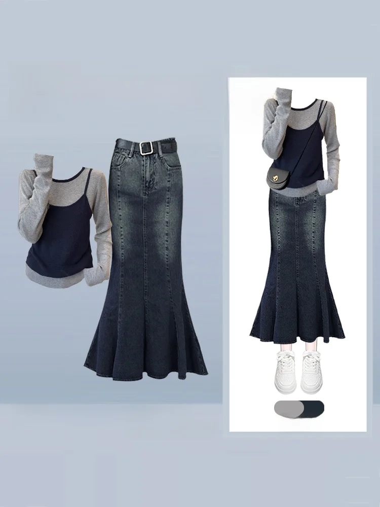 

Faionable Denim Sle Women's Set Beautiful Winter Outfit Fake Two-Piece Top Tailored Skirt High-End Feeling Two-Piece Set