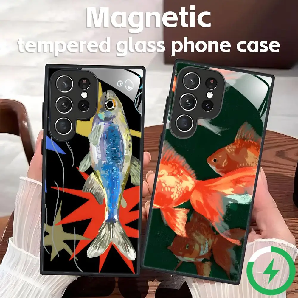 Niche Psychedelic Goldfish  Phone Case For Samsung S26 S25 S24 S23 S22 S21 S20 Plus Ultra Note20 Glass Magnetic Case