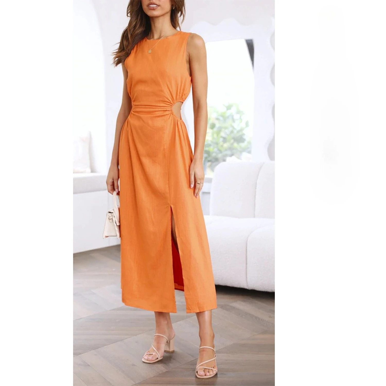 Robe d'été cintrée à la taille pour femmes, couleur unie, col rond, à la mode, Sexy, taille exposée, fente, robes de Banquet, nouvelle collection 2025