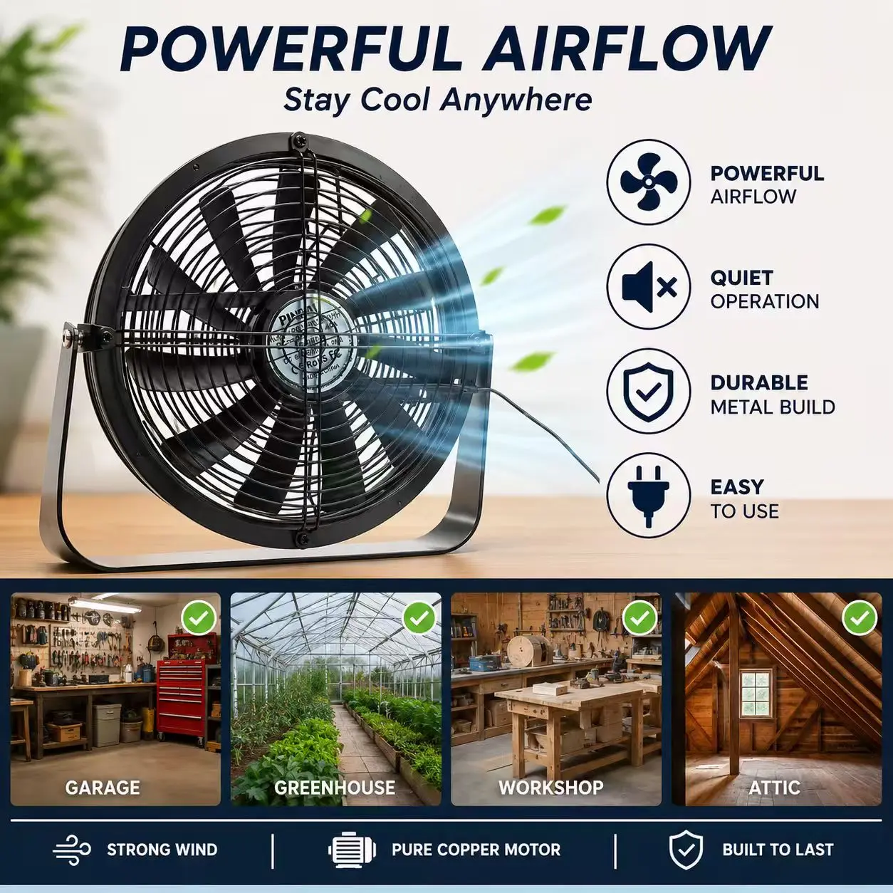 For SLIDER High Velocity Metal Desk Floor Fan with Stepless Speed Controller, Heavy Duty Exhaust Cooling Fan for Garage Workshop