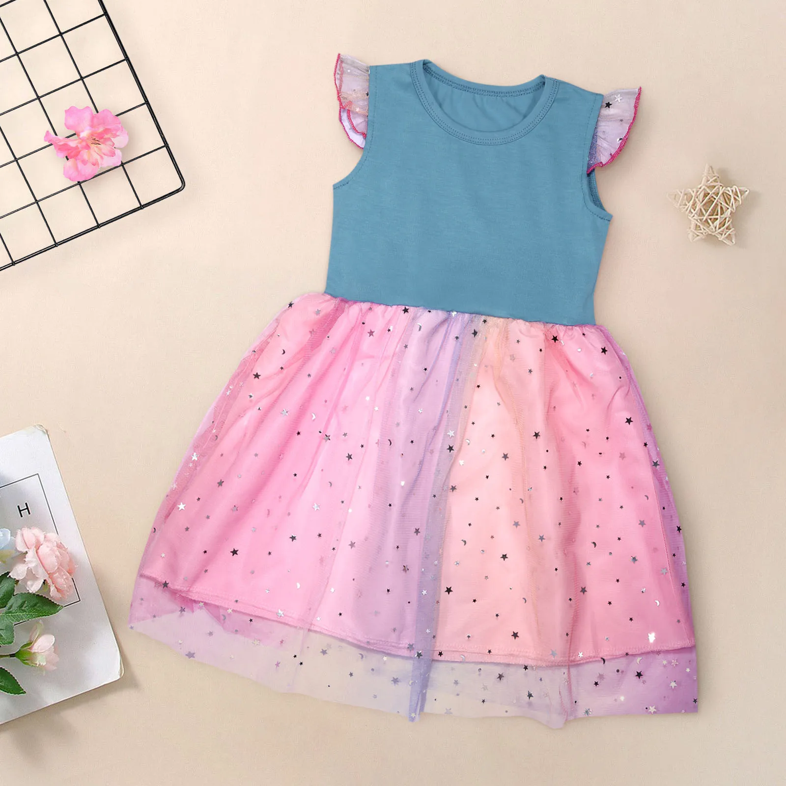 Toddler Kids Girls Dress Mesh Sequined Flying Sleeve Rainbow Tulle Dress Birthday Party Princess Dresses Girls 2 3 4 5 6 7 Years