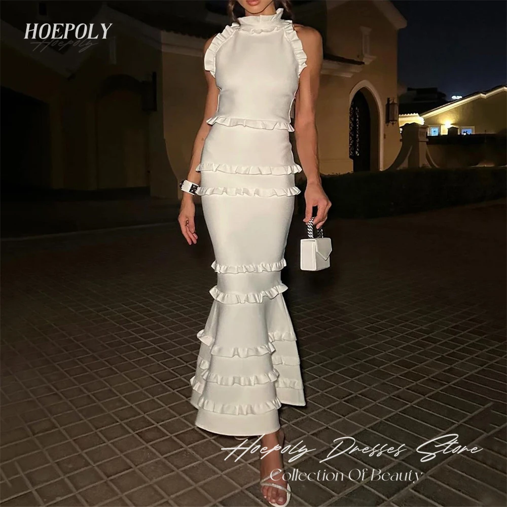 

Hoepoly Elegant High Neck Pleat Evening Dress For Woman Summer Style Fashion Simple Classy Party Long Prom Gown New 2023