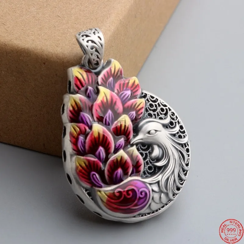 Genuine S999 Sterling Silver Pendans for Women New Fashion Enamel Double Sided Paintings Filigree Peacock Hollow Jewelry