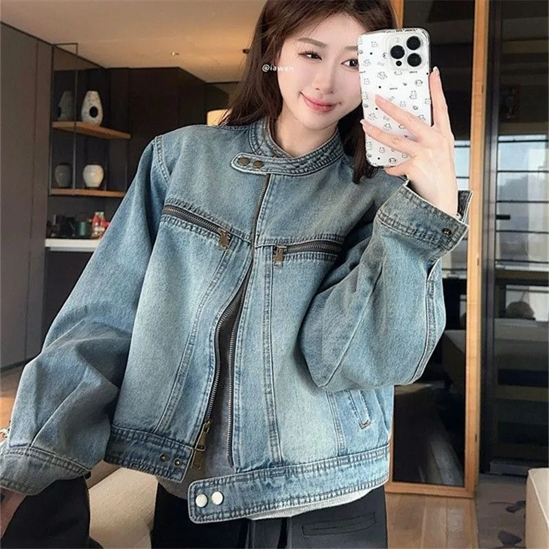 New Women's Stand-up Collar Denim Jacket Spring and Autumn Loose Short Basic Jacket Female Retro Washed Motorcycle Jacket Zipper