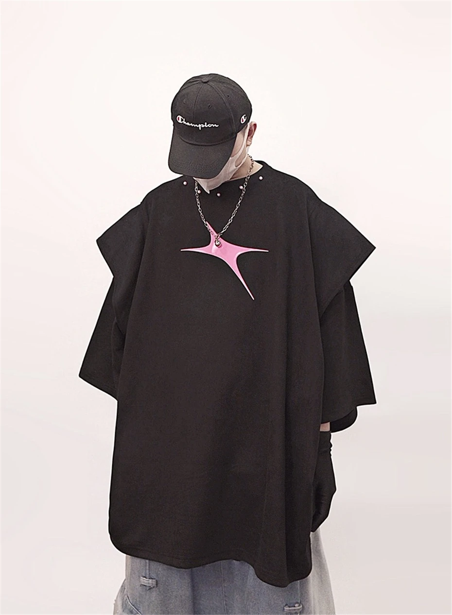 Stars Print T Shirt Mens Streetwear Hip Hop Punk Short Sleeve T-shirts Oversized Harajuku Vintage Loose Casual Tees Tops