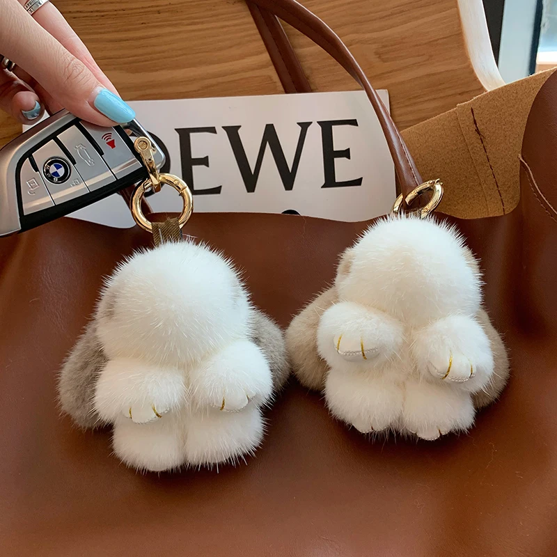 

Mink Bunny Keychain Pompon Keyring Bunny For Women Bag Charms Car Key Chain Cute Rabbit Key Ring On Bag Car Trinket Pendant Gift