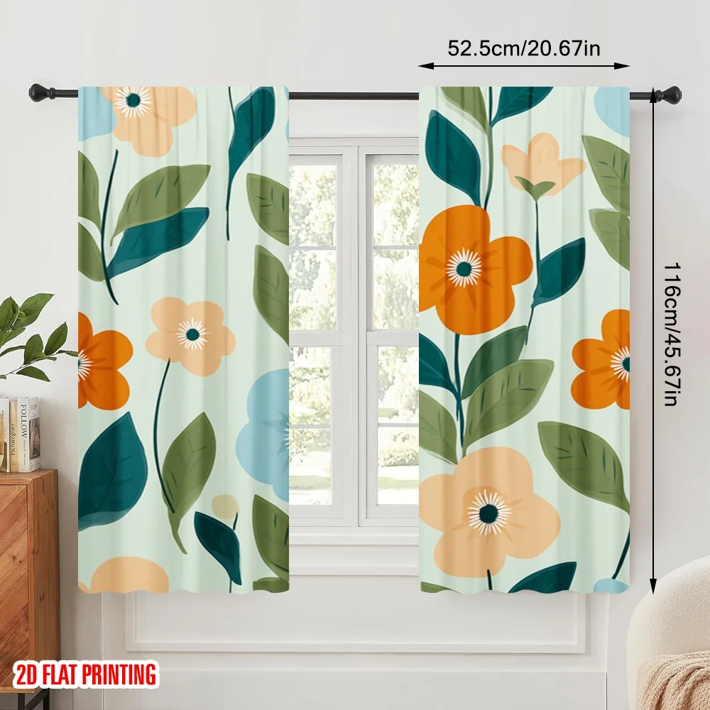 2pcs,2D plane printing Curtains Roller Blinds Retro Floral Blooms Versatile Polyester Fabric (without rod) Versatile All Ldeal