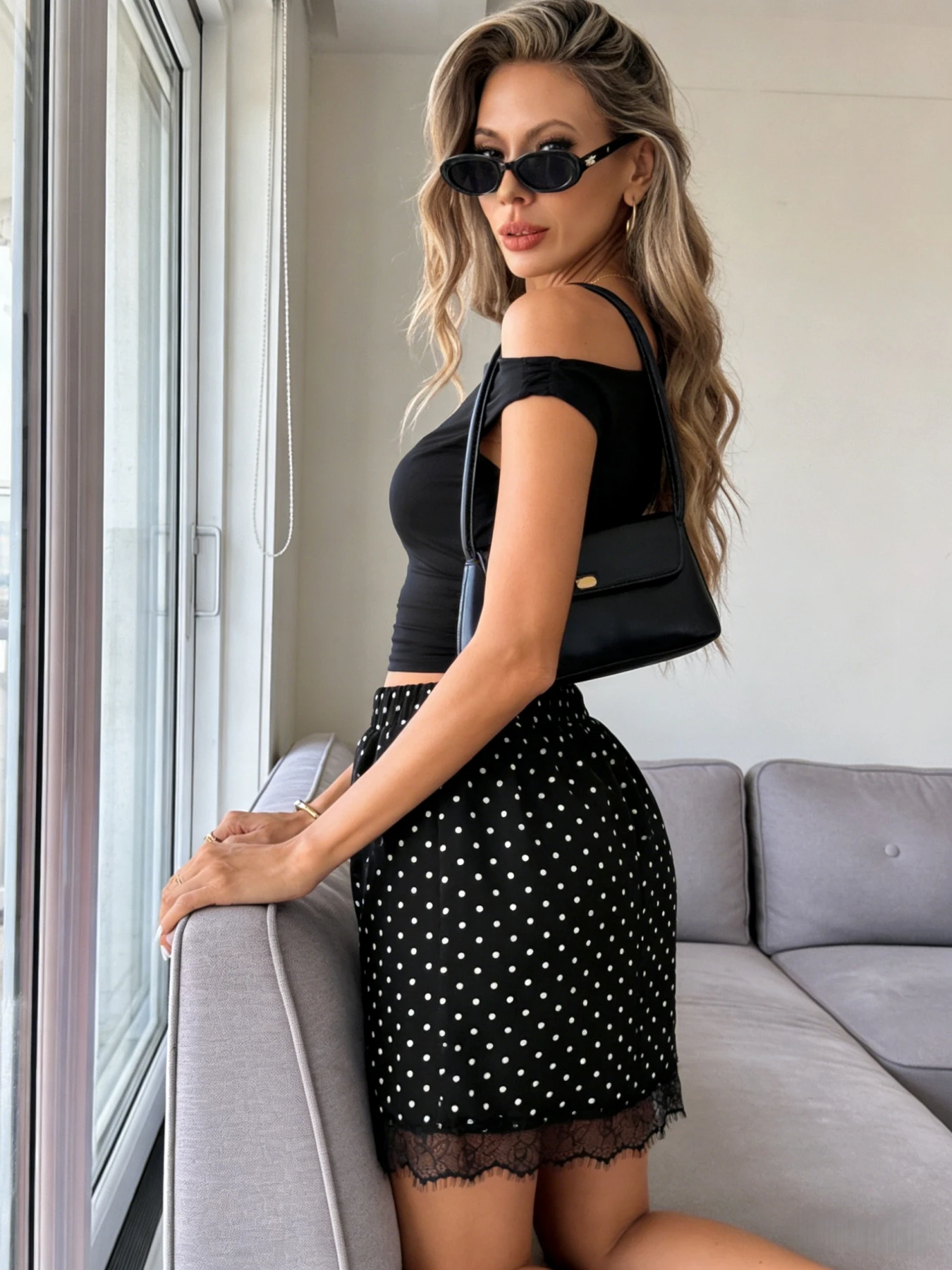 Women Black White Polka Dot Mini Skirt Elastic Waist Lace Hem A Line Short Skirt Summer Casual Vacation Bottoms