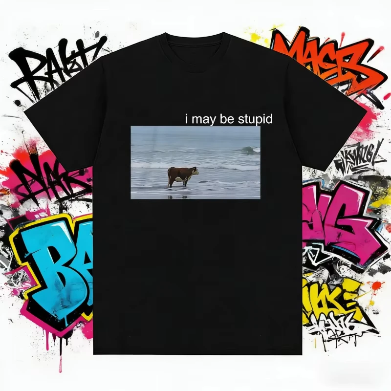 2026 Summer I May Be Stupid Cow on Beach Funny Meme Men's Fashion O-Neck Short Sleeve T-shirt 100% Pure Cotton Printed T-shirt