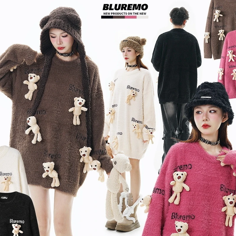

Men Women Autumn Winter Sweater Loose Knit Pullover 3D Bear Doll Cartoon Jacquard Letter Round Neck Fun Trendy Casual Outfit
