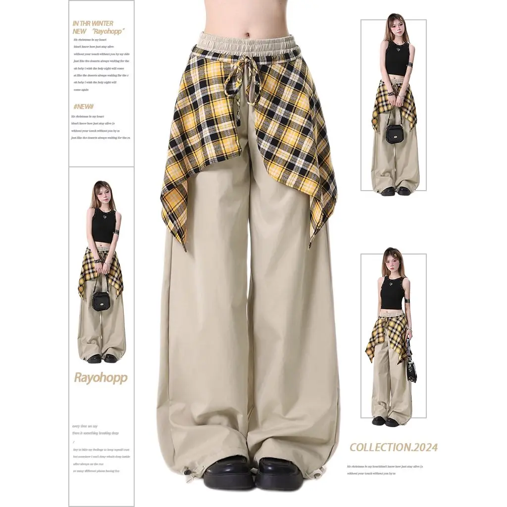 Y2k Clothing Casual Pants  Streetwear Women Autumn American High Street Vintage Plaid Skirt Hem Design Loose Straight Pants New