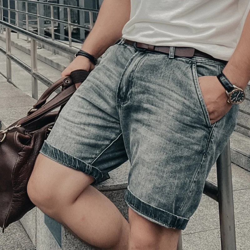 Ami Khaki American casual workwear denim shorts men's summer wear slim washed distressed retro shorts