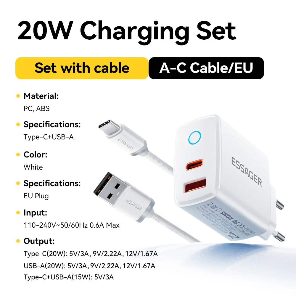 Essager PD 20W USB-C-Ladegerät-Set, schnelles Laden 4.0 3.0 QC PD Ladegerät für iPhone 17 16 15 14 13 12 Pro Max Handy-Ladegerät