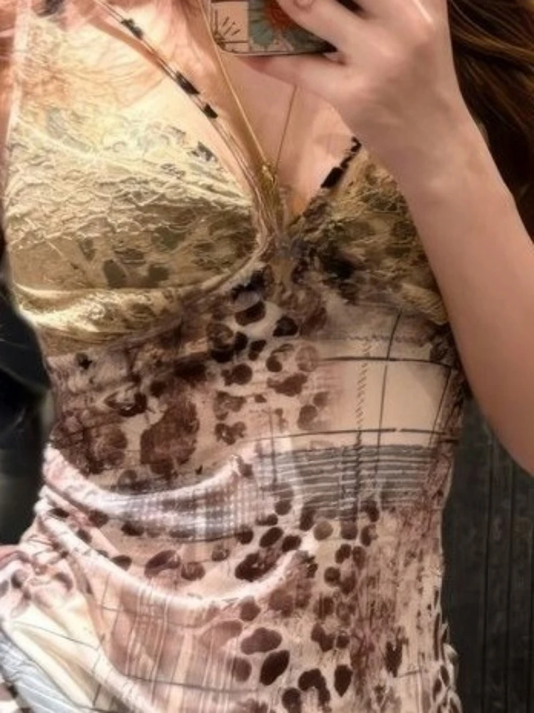 خمر ليوبارد الطباعة الشارع الشهير الدبابات المرأة مثير المرقعة الدانتيل سليم صالح بروتيل الصيف Harajuku Y2k الجمالية تانك القمم #6