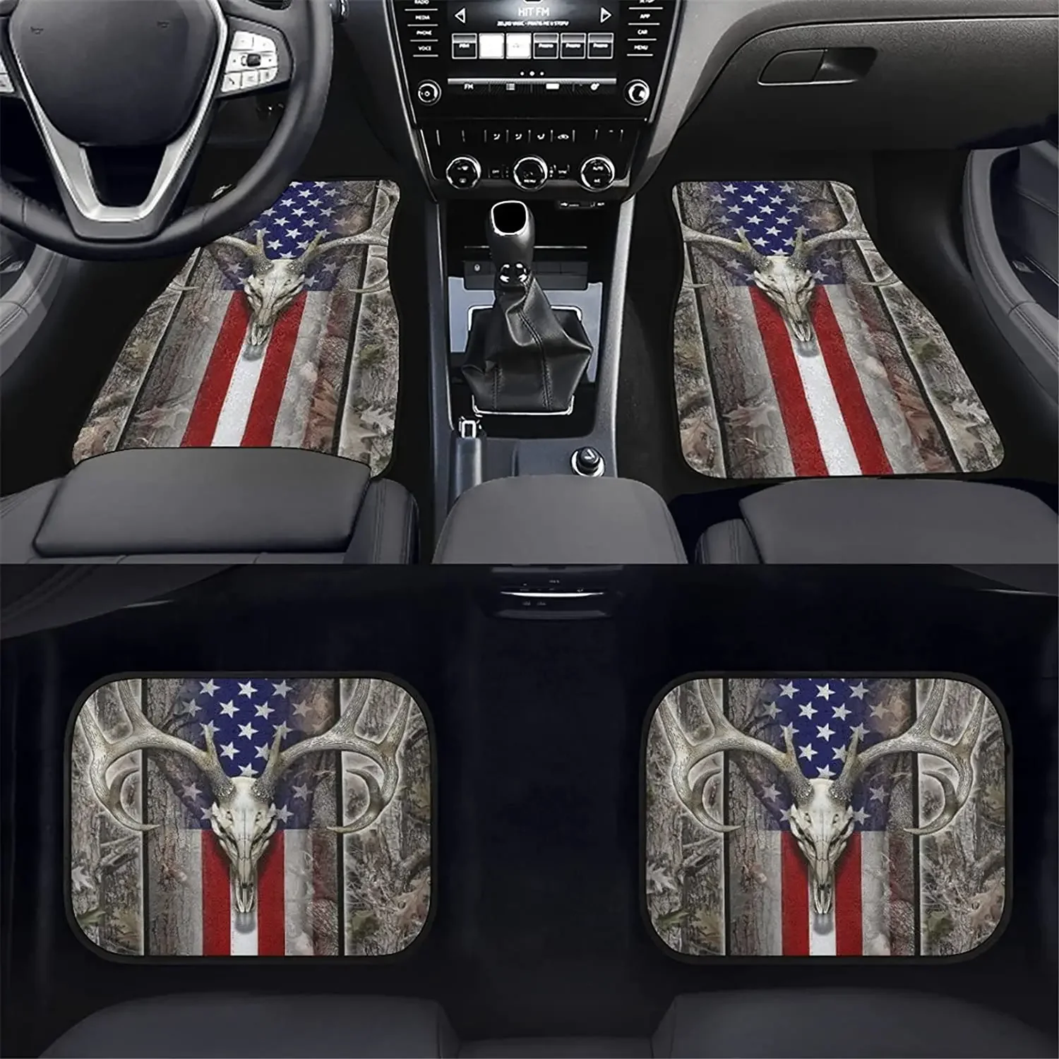 LedBack American Flag Wood Deer Skull Camo Universal Fit Front Rear Auto Floor Mats 4pcs Full Set Rubber Backing Car Carpet Floo