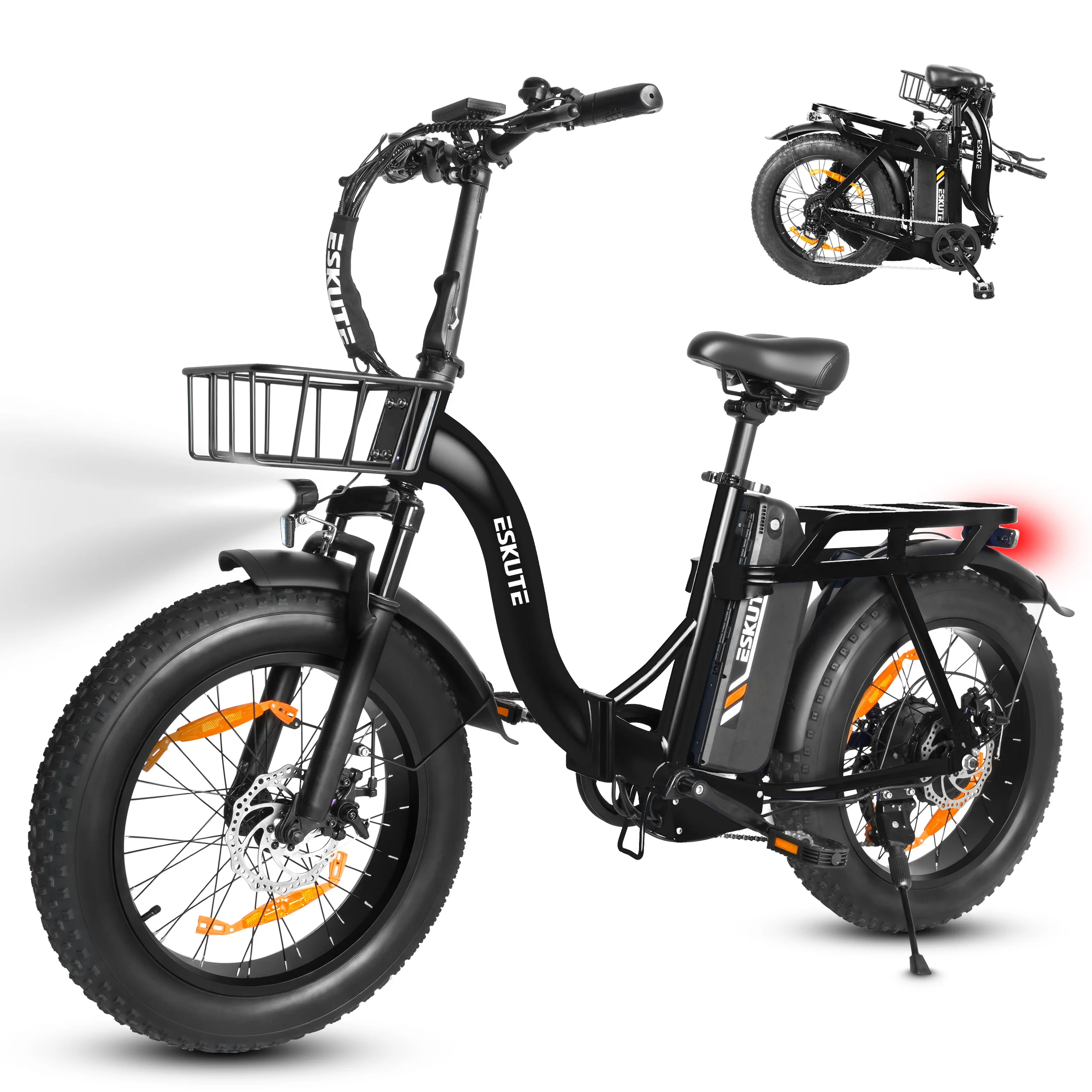 Vélo électrique pour adultes ESKUTE D202, moteur 250W, batterie 48V20.8AH, vélo électrique pliable, pneus larges 20*4, vélo tout-terrain