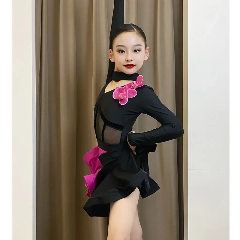 Vestido infantil de dança latina, pó preto, roupa profissional para treinamento de corpo separado, outono e inverno, novo, 2024