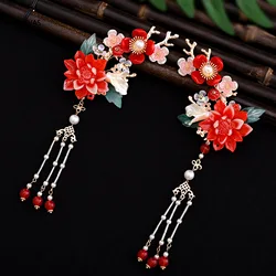 2pcs Chinese Hanfu Hair Accessories Hair Clips Red Flower Hairpin Tassel Pearl Headpiece Ancient Party Barrettes Head Jewelry