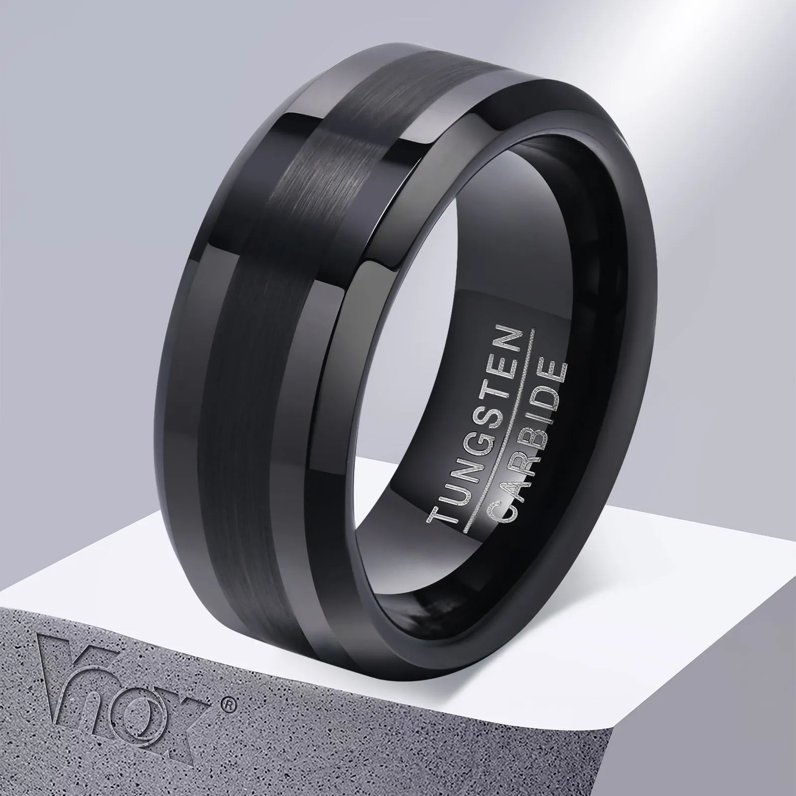 Vnox 8mm Tungsten Wedding Band for Men, Anti Scratch Metal Ring, Black Silver Color Simple Plain Male Wedding Rings