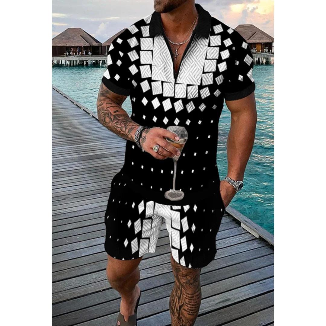 

Men's Summer Casual Red Polo Shirt Set Male Fashion Tracksuit Solid Color Suit Trun Down Collar Zipper Clothing Vintage Outfit