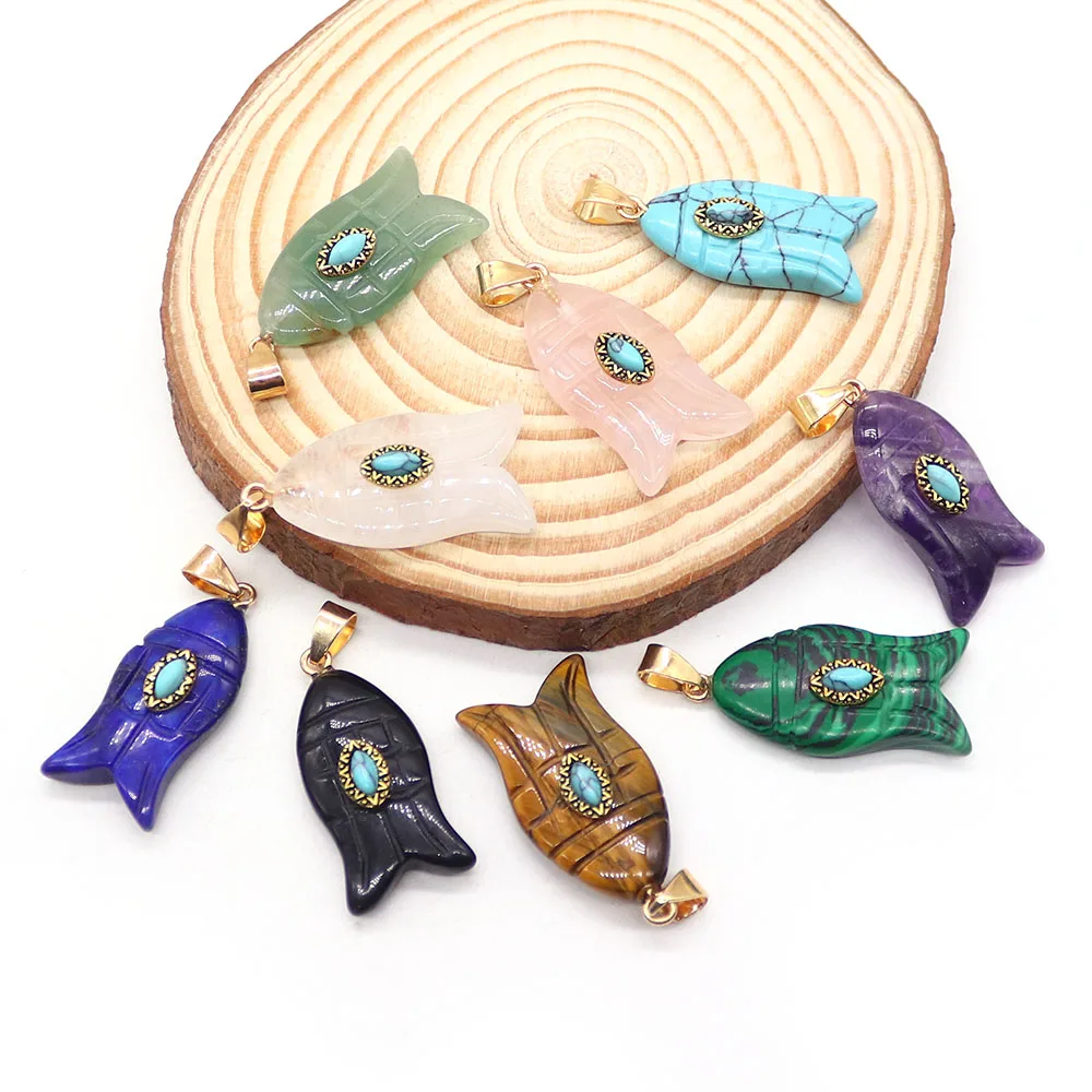 Natural Semi-precious Stone Carved Fish Shape Pendants Malachite Tiger Eye Stone Charms 1pc DIY Fashion Necklace Jewelry Gift