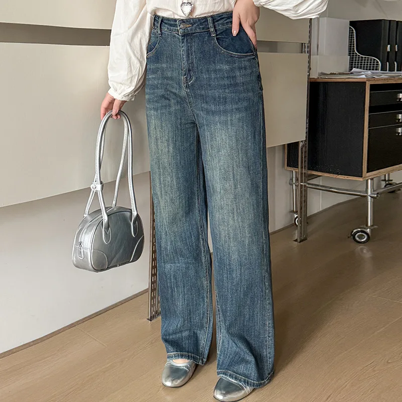 

plus Size Women's Retro Denim Jeans High Waist Loose Slimming Drapey Straight Leg Pants Autumn 2025 Sweet Sle Series