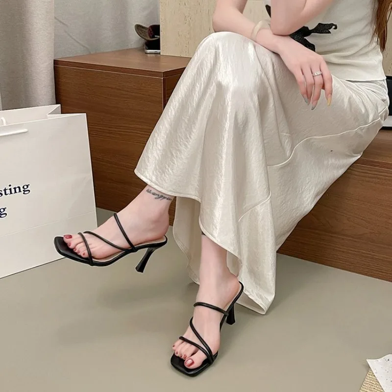 Women's High Flared Heel Strappy Mules Square Toe Slip-On Open Toe Sandals Dressy Party Shoes Featuring Minimalist Smooth Finish