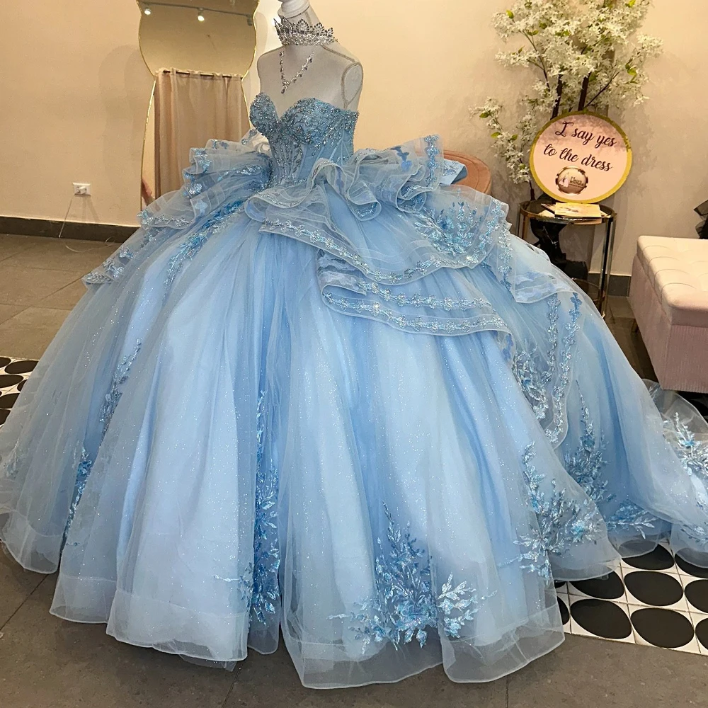 Customized Ruffles Ball Gown Quinceanera Dresses 2026 Sweetheart Lace Appliques vestidos de 15 años Blue Luxury Prom Dress image 3