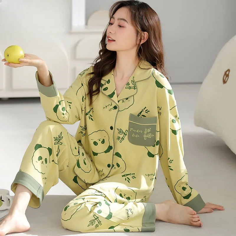 

2024 New Women Large Size Sweet Cartoon Pure Cotton Pajamas Female Long Sleeve Lapel Sleepwear Sets Spring Autumn Homewear Suit