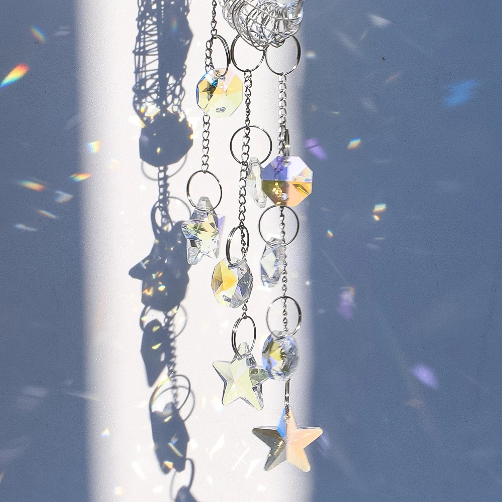 Moon Hanging Crystals Suncatcher Prism Wind Chimes Crescent Star Glass Bead Eye-catching Rainbow Maker Window Pendant Home Decor - view 5