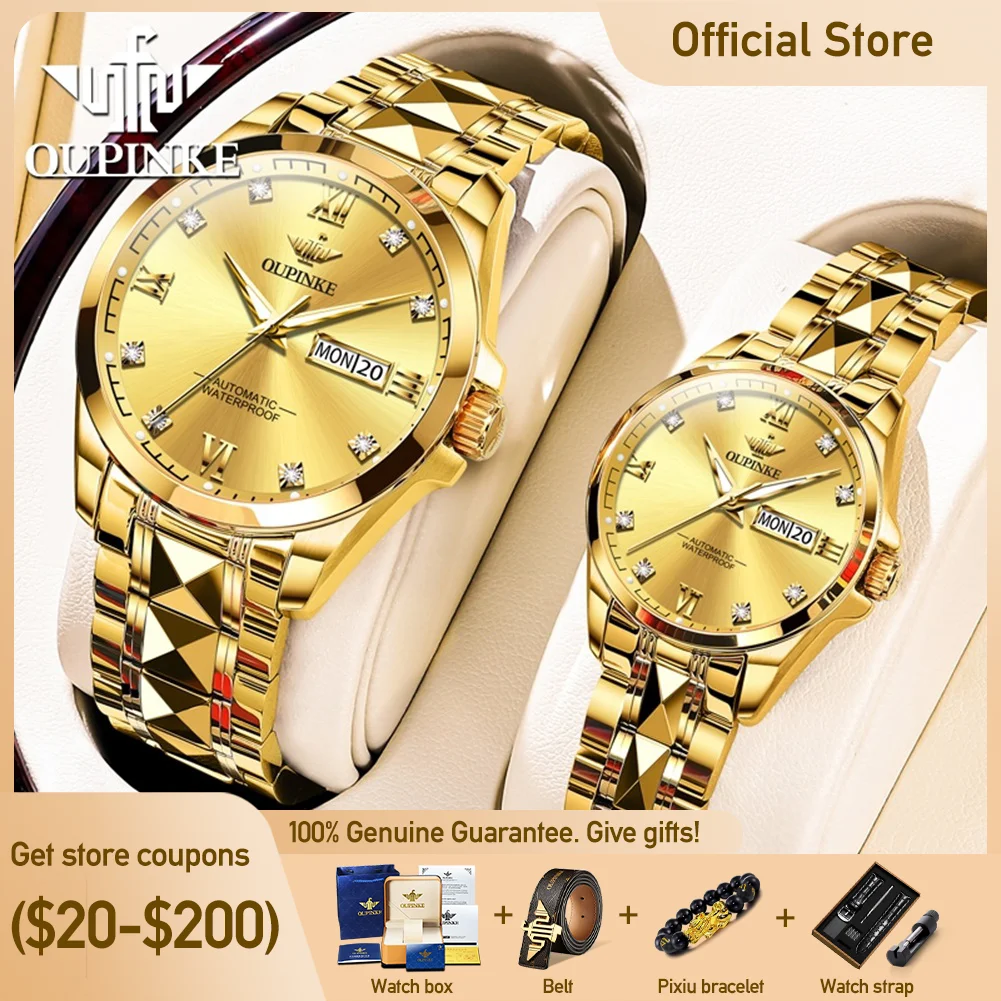 OUPINKE 3262 ساعة ميكانيكية للأعمال للزوجين فاخرة أصلية بتقويم مزدوج مقاومة للماء ساعة يد ماسية بمقياس ماسي ساعة مضيئة