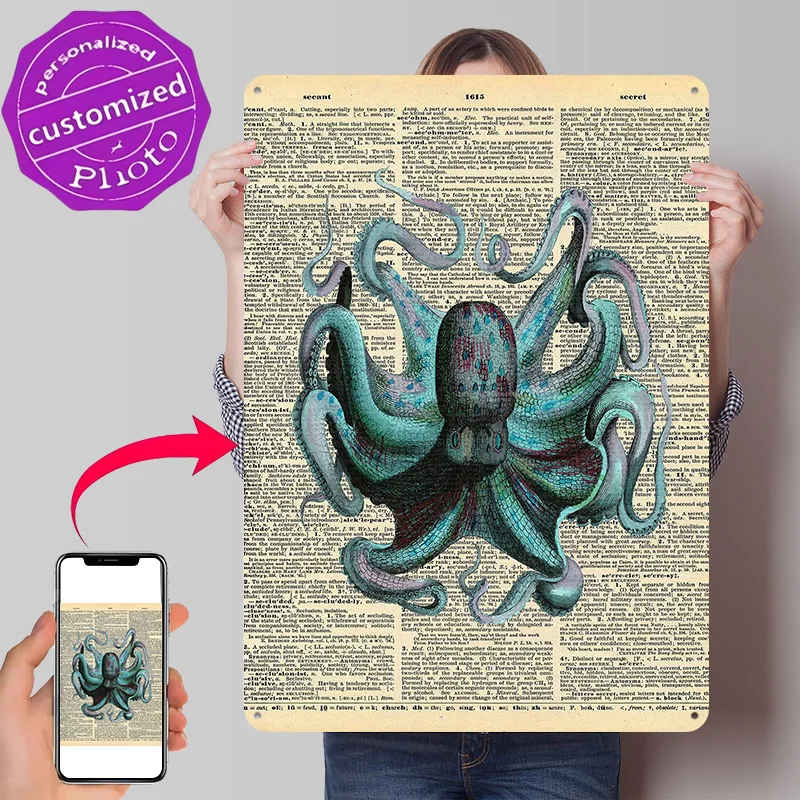 Octopus on Dictionary Page Personalized 3D Textured Metal Poster Wall Art Tinplate Sign for Bedroom Decorations Office Decor