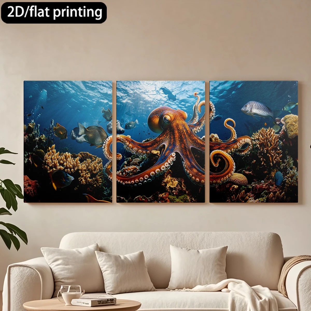 Impresión plana 2D, cuadro decorativo de lona con marco de madera de 3 piezas, pulpo en un arrecife de coral colorido. Decoración para pasillo y dormitorio.