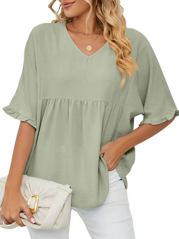 

Women's Short Sleeve V-Neck Solid Chiffon Tops