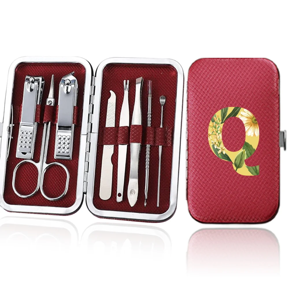 8Pcs Portable Manicure Nail Clippers Set Stainless Steel Pedicure Kit Organizer Pocket Nail Scissor Tools Floral Letter Pattern