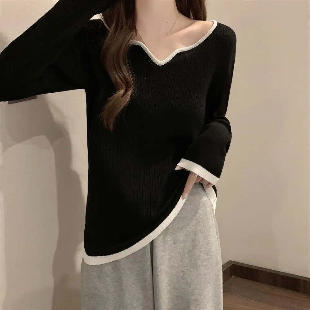 Street Casual Fashion Loose Office Lady Simplicity Autumn Winter Thin Solid T-Shirts Patchwork O-neck Long Sleeve Women Clothing